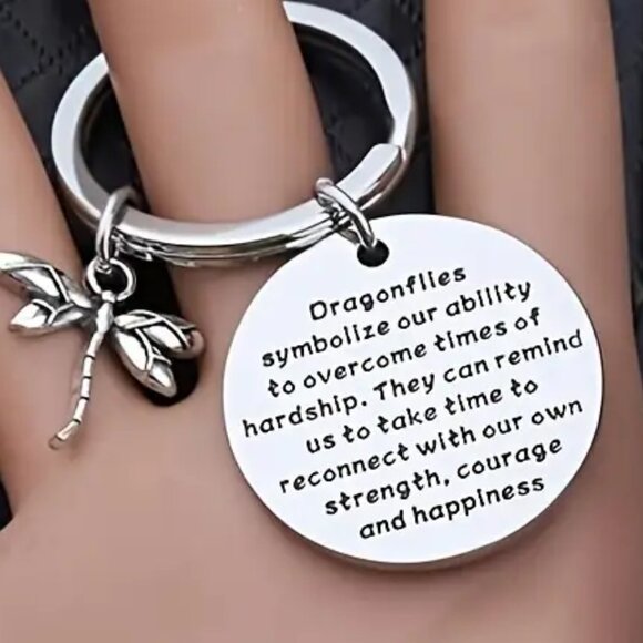 Inspirational Dragonfly Keychain Strength and Courage Silver Tone One Size - Picture 1 of 9